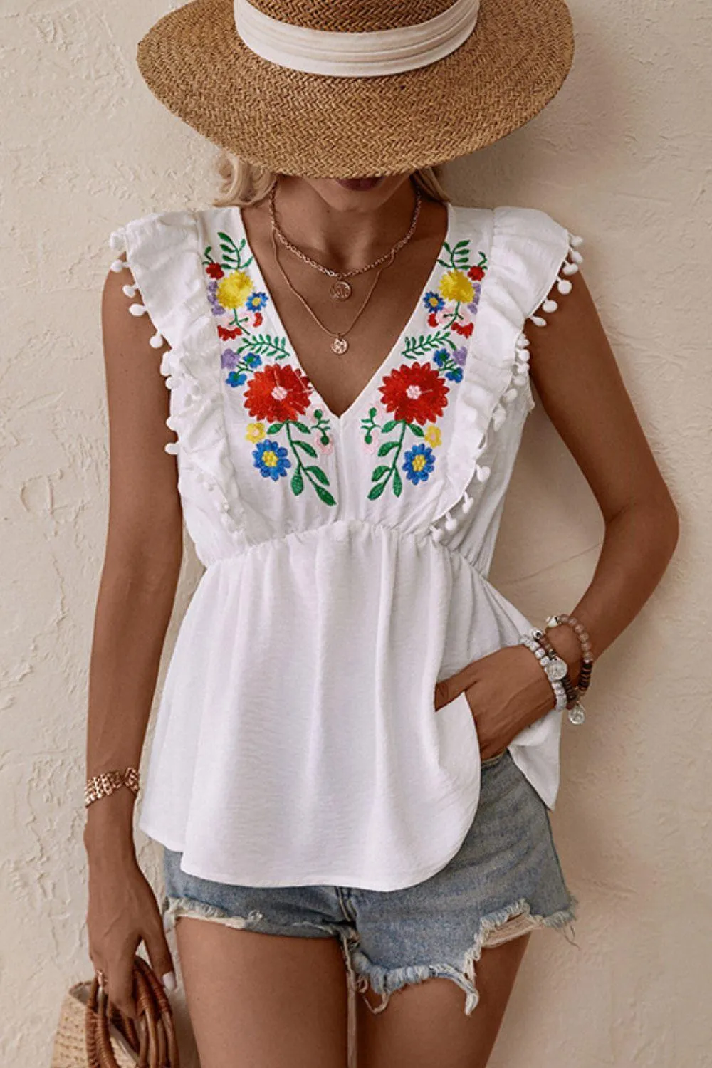 Summer Divine Plunge Floral Embroidered Top