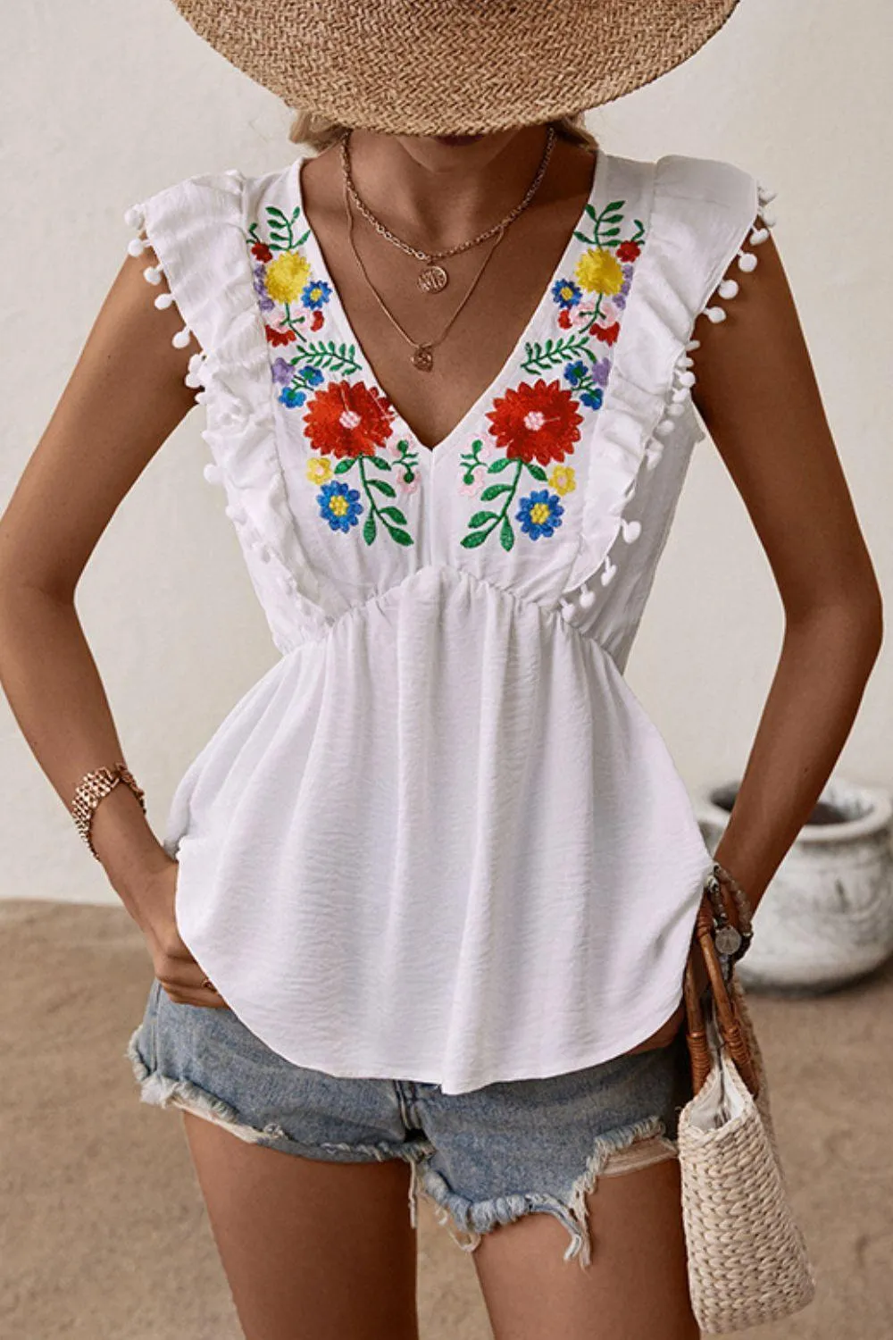 Summer Divine Plunge Floral Embroidered Top