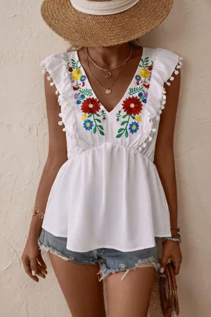 Summer Divine Plunge Floral Embroidered Top