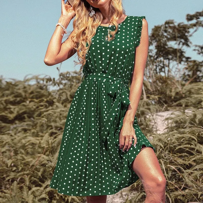 Summer Women Elegant Sleeveless Pleated Casual Polka Dot Dress