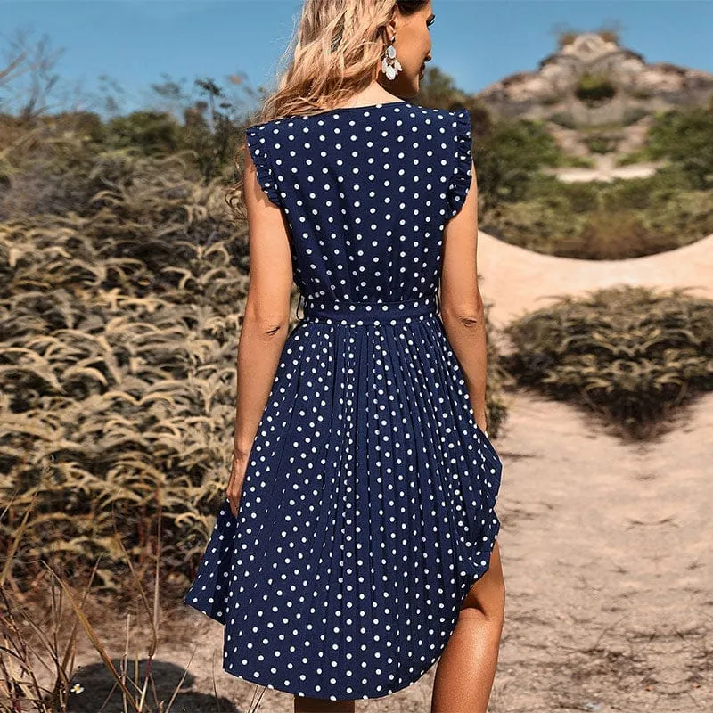 Summer Women Elegant Sleeveless Pleated Casual Polka Dot Dress