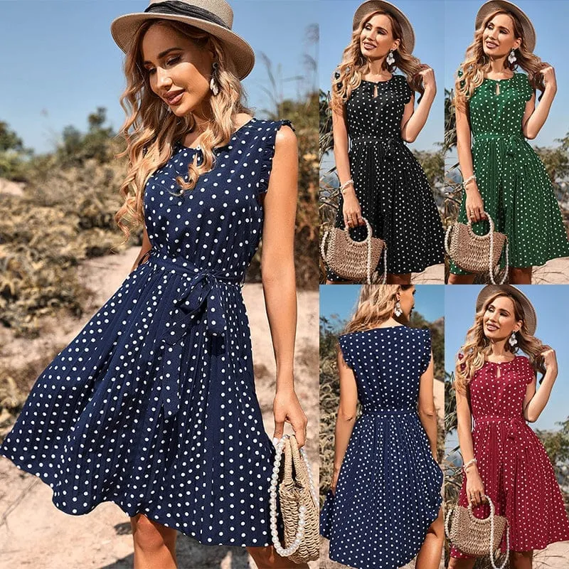 Summer Women Elegant Sleeveless Pleated Casual Polka Dot Dress