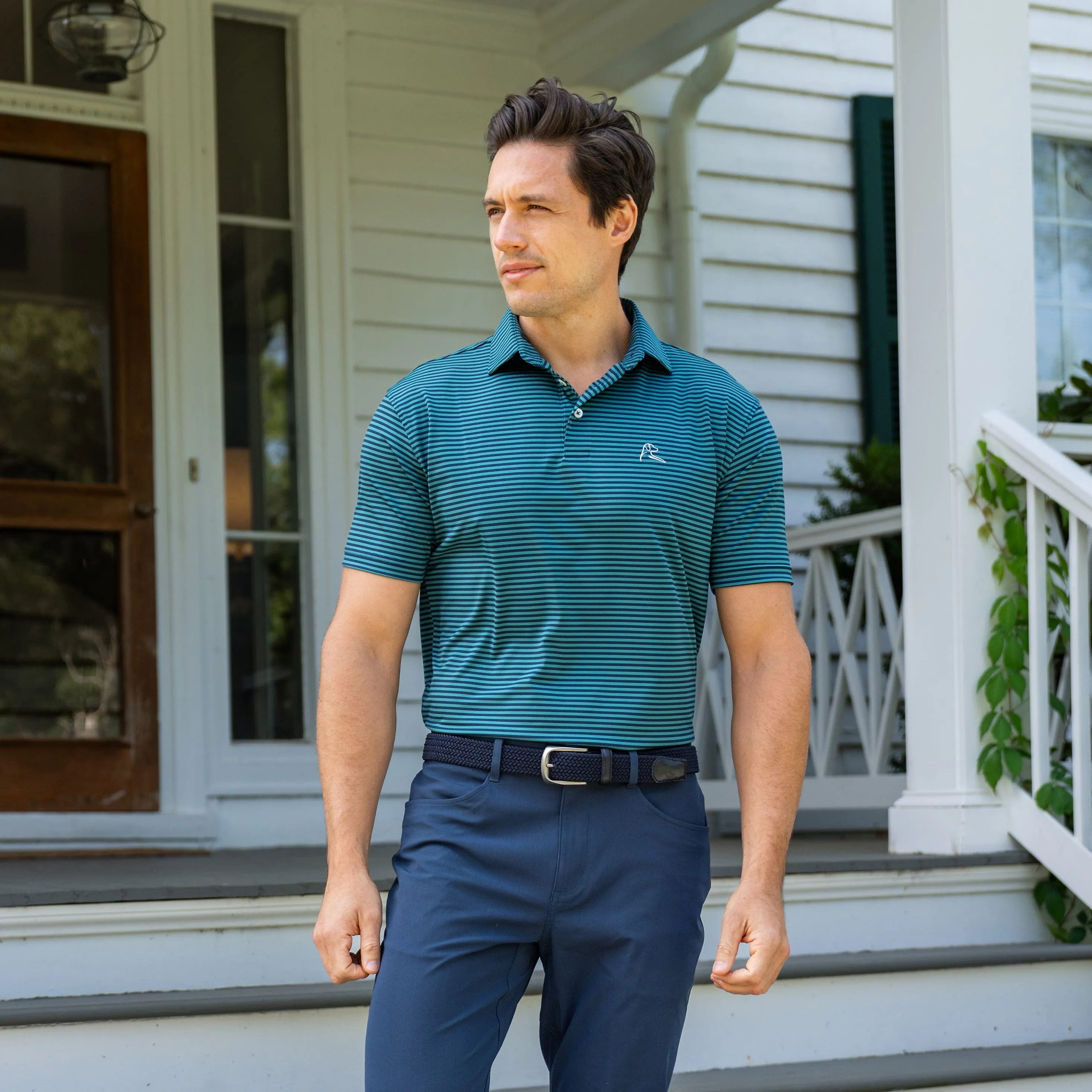 The Birdie Stripe | Performance Polo | The Birdie Stripe - Leaf Green/Fleet Navy