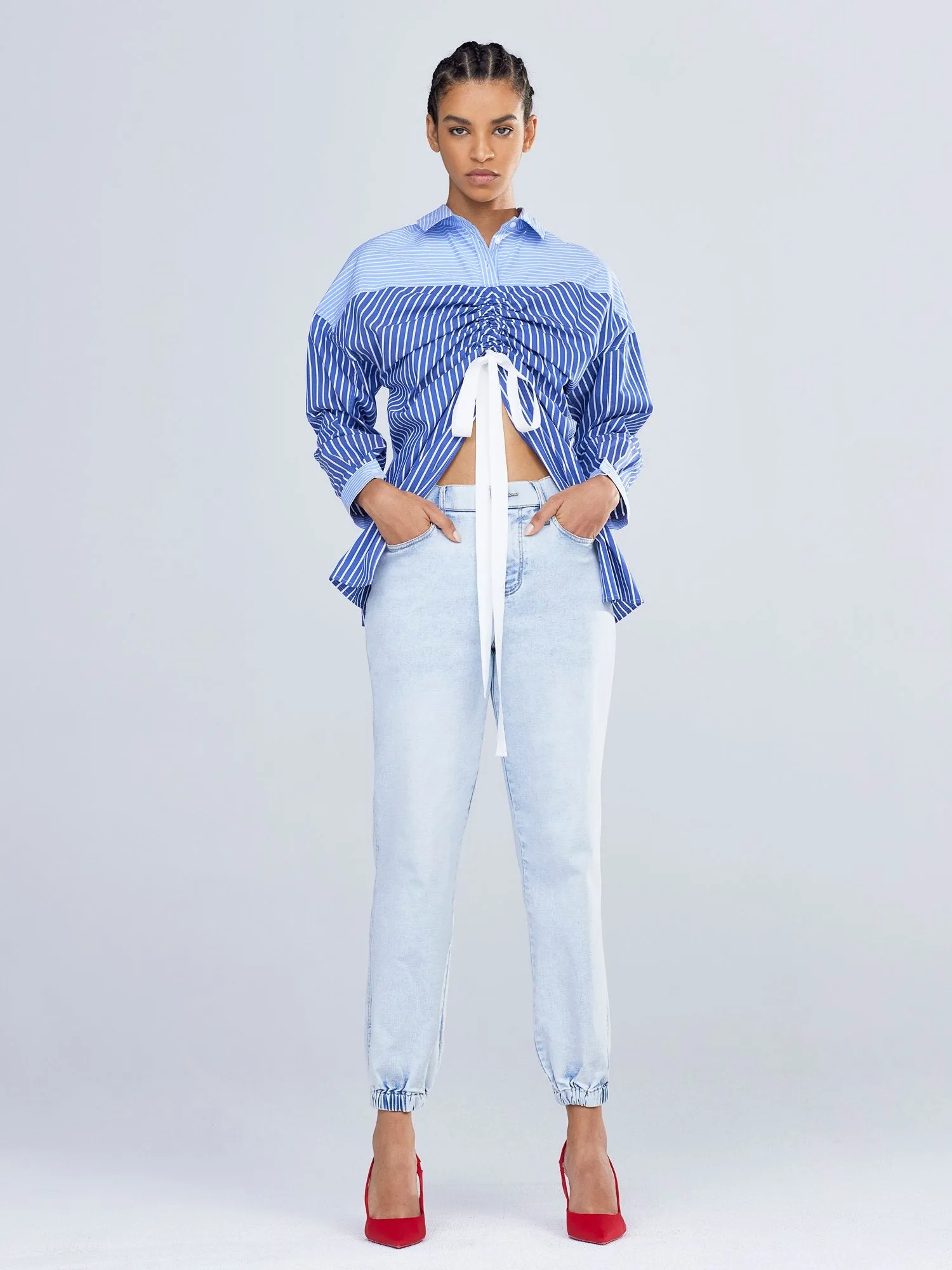 Tie-Back Stripe Button-Down Shirt
