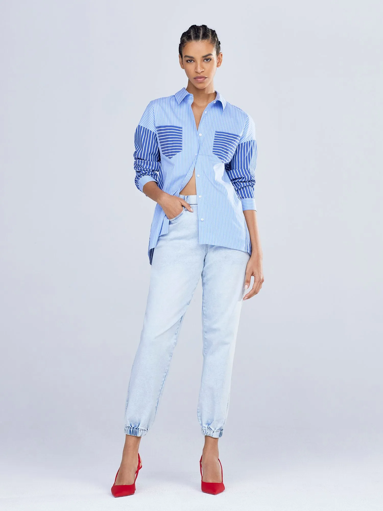 Tie-Back Stripe Button-Down Shirt
