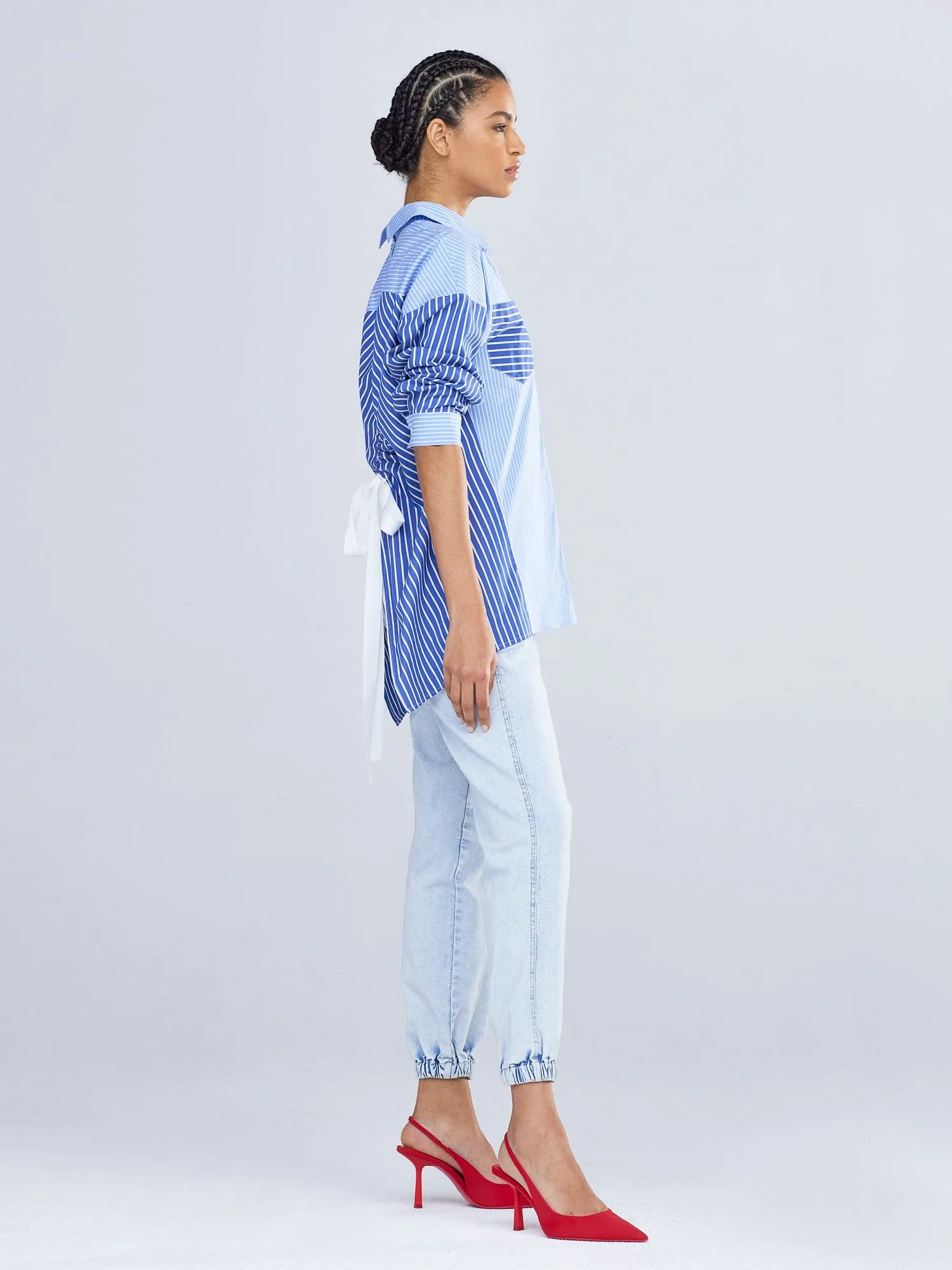 Tie-Back Stripe Button-Down Shirt