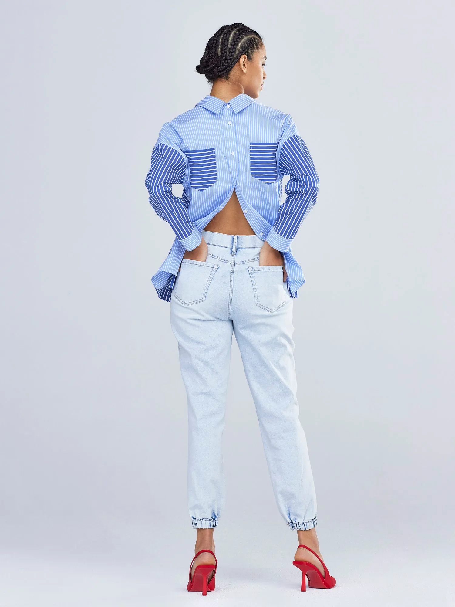 Tie-Back Stripe Button-Down Shirt