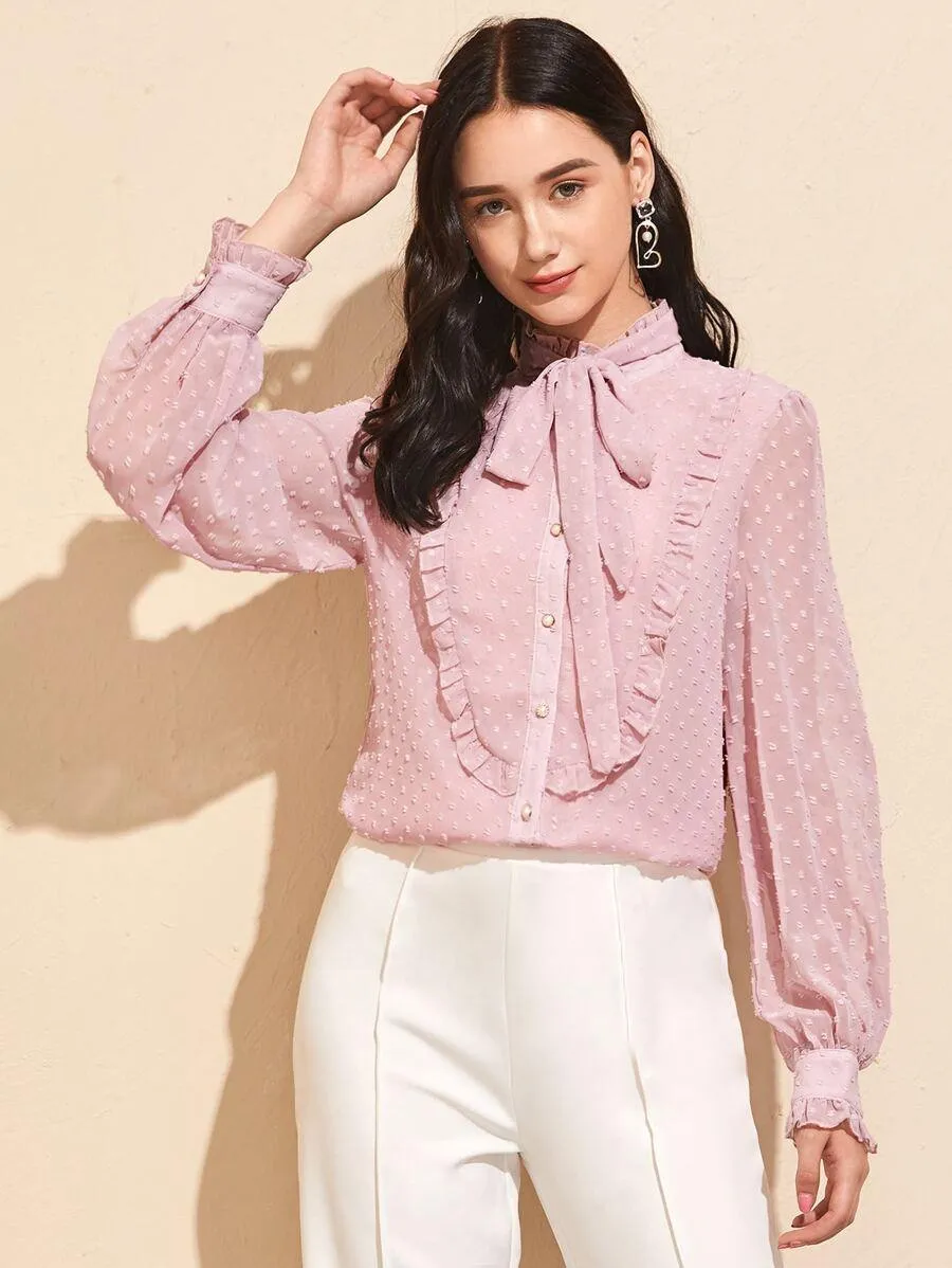 Tie Neck Frill Trim Swiss Dot Blouse