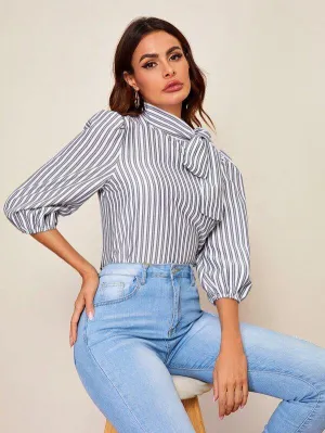 Tie Neck Lantern Sleeve Striped Top