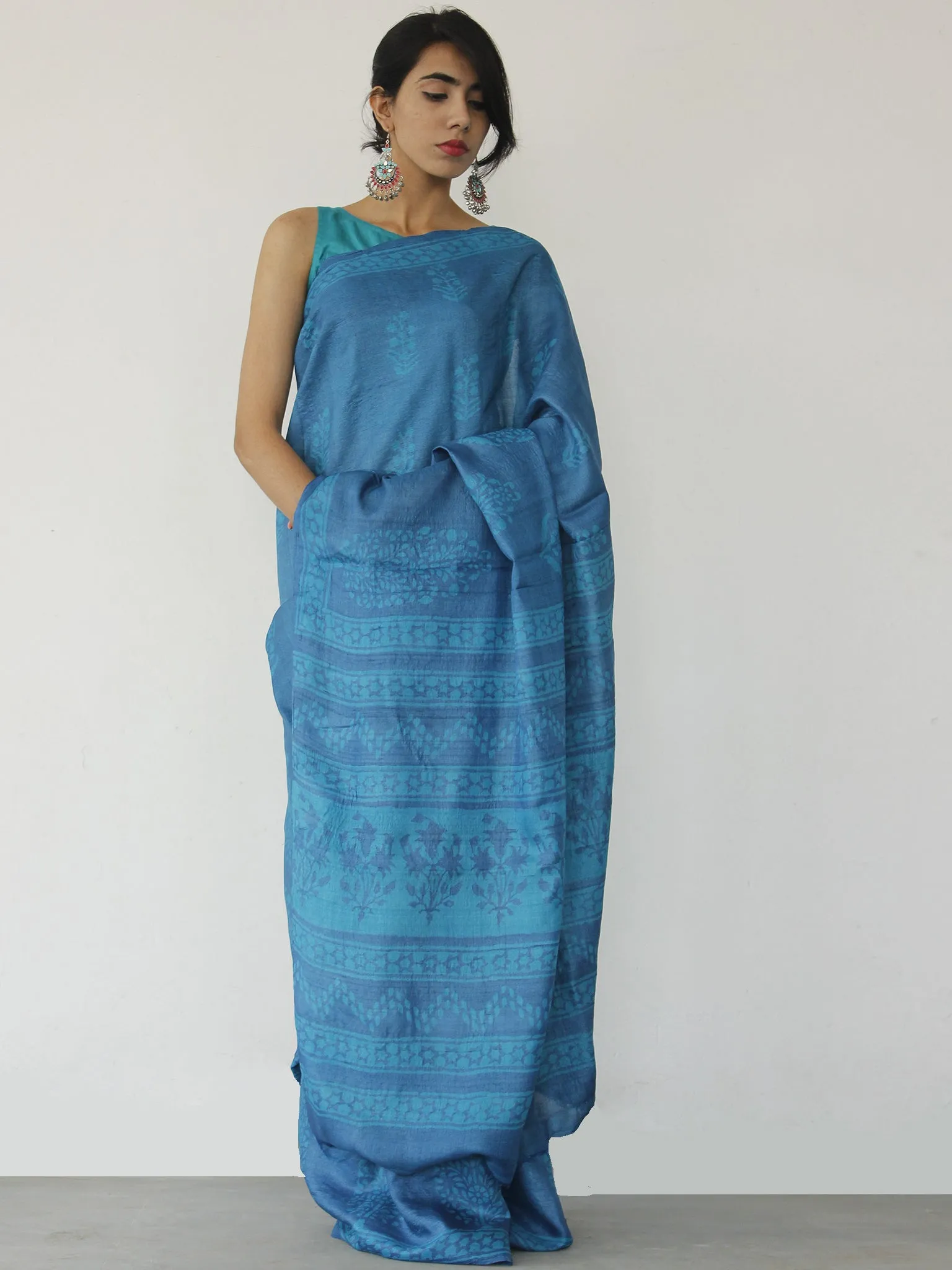 Tussar Handloom Silk Hand Block Printed Saree in Metallic Blue Ivory - S031702548
