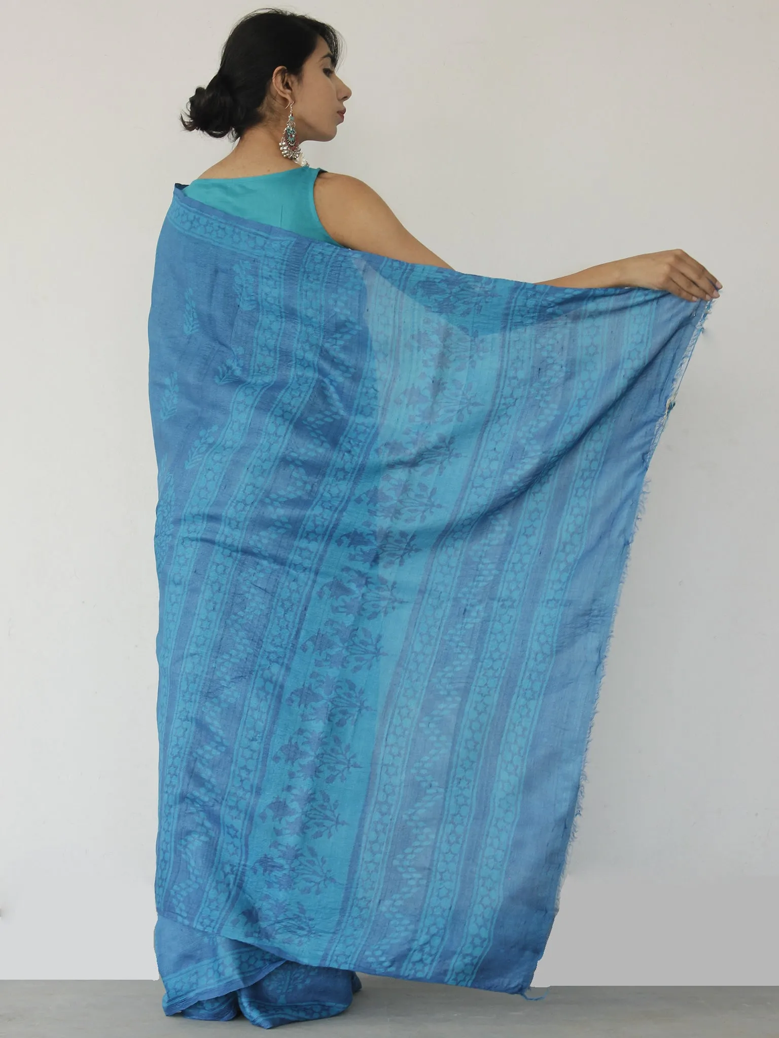 Tussar Handloom Silk Hand Block Printed Saree in Metallic Blue Ivory - S031702548