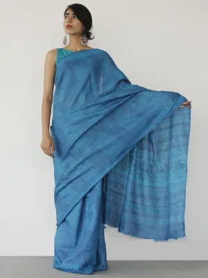 Tussar Handloom Silk Hand Block Printed Saree in Metallic Blue Ivory - S031702548