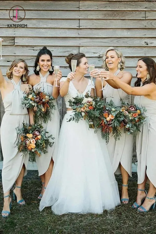 Unique Halter Neck Tea Length Sheath Bridesmaid Dresses with Slit KPB0193