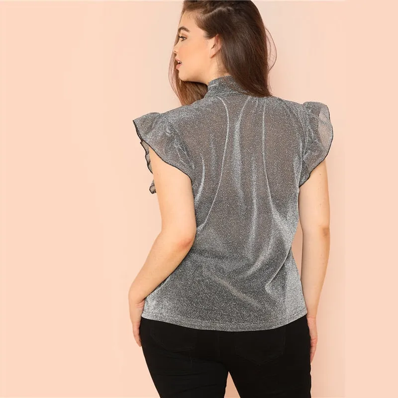VenusFox Grey Ruffle Trim Tie Neck Plus Size Blouses