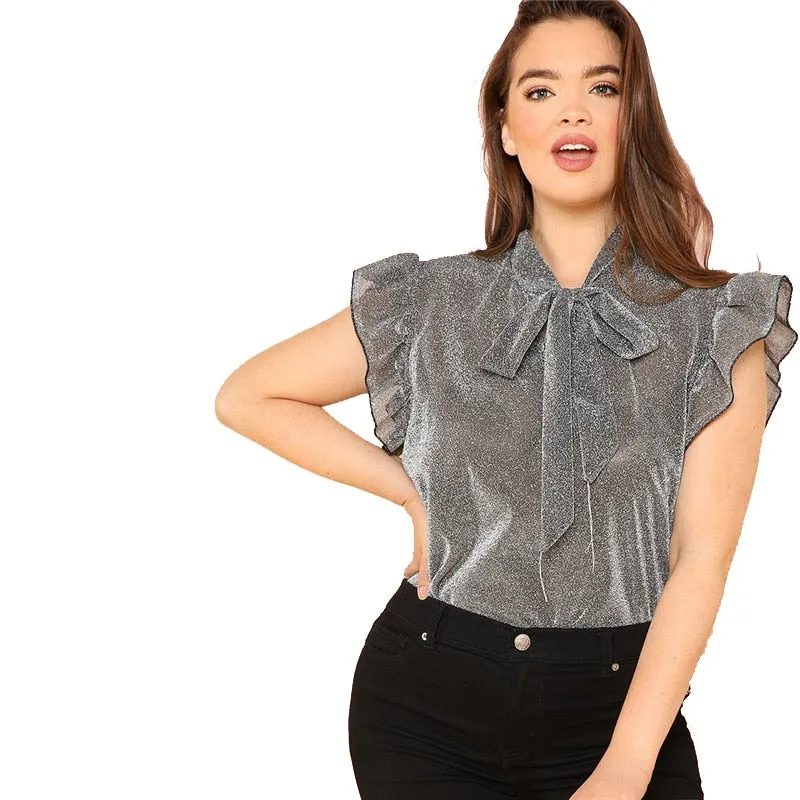 VenusFox Grey Ruffle Trim Tie Neck Plus Size Blouses