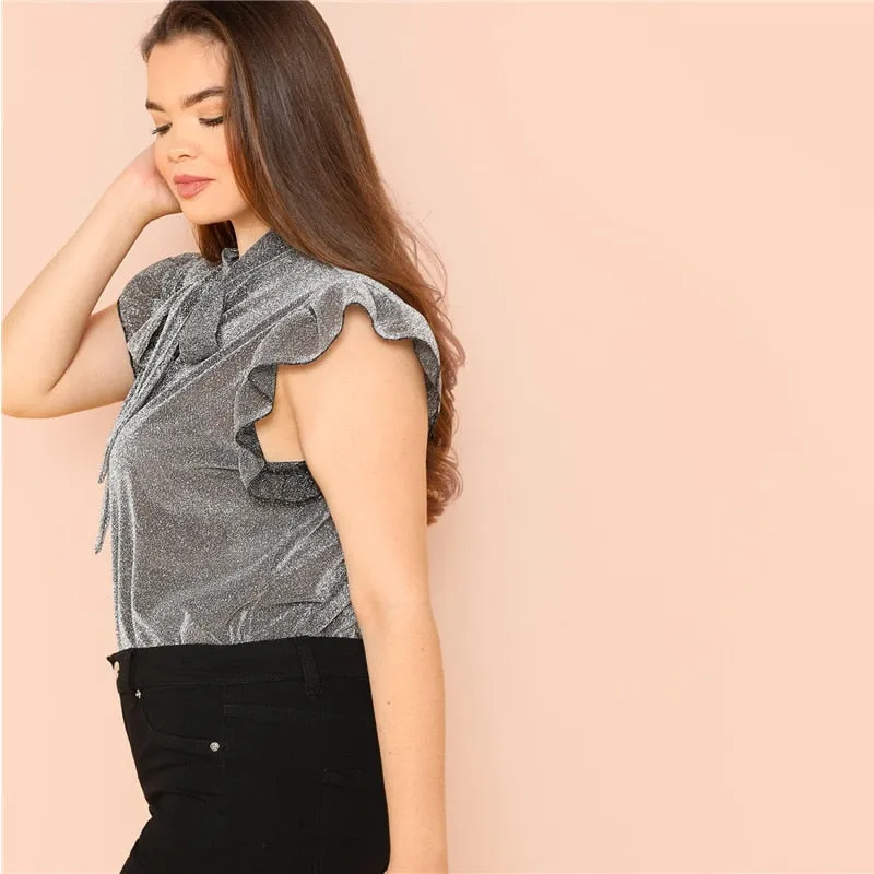VenusFox Grey Ruffle Trim Tie Neck Plus Size Blouses