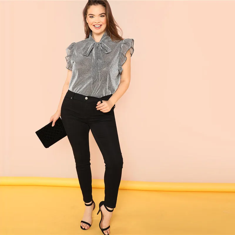 VenusFox Grey Ruffle Trim Tie Neck Plus Size Blouses