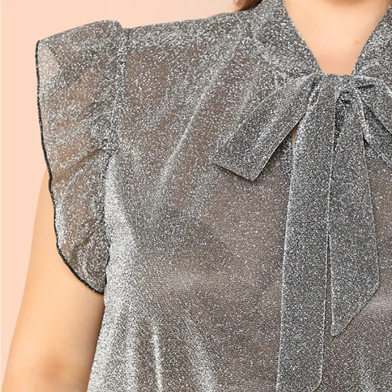 VenusFox Grey Ruffle Trim Tie Neck Plus Size Blouses