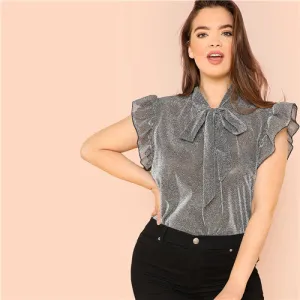 VenusFox Grey Ruffle Trim Tie Neck Plus Size Blouses