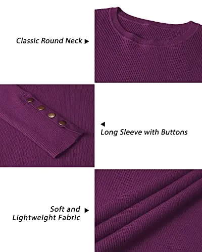 VOTEPRETTY Women Sweaters for Fall and Winter Crewneck Button Casual Solid Pullover(Purple,L)