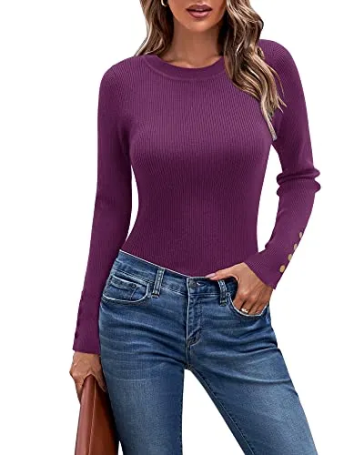 VOTEPRETTY Women Sweaters for Fall and Winter Crewneck Button Casual Solid Pullover(Purple,L)