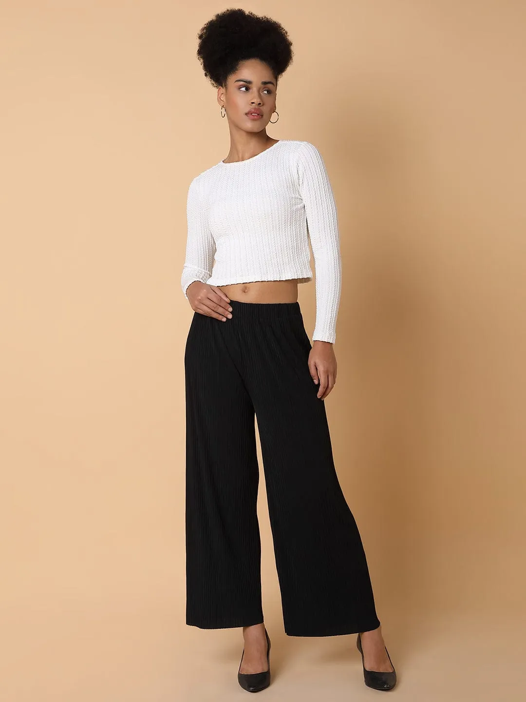 Women Black Comfort Mid-Rise Flared Trousers