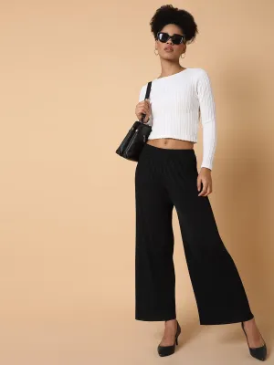 Women Black Comfort Mid-Rise Flared Trousers