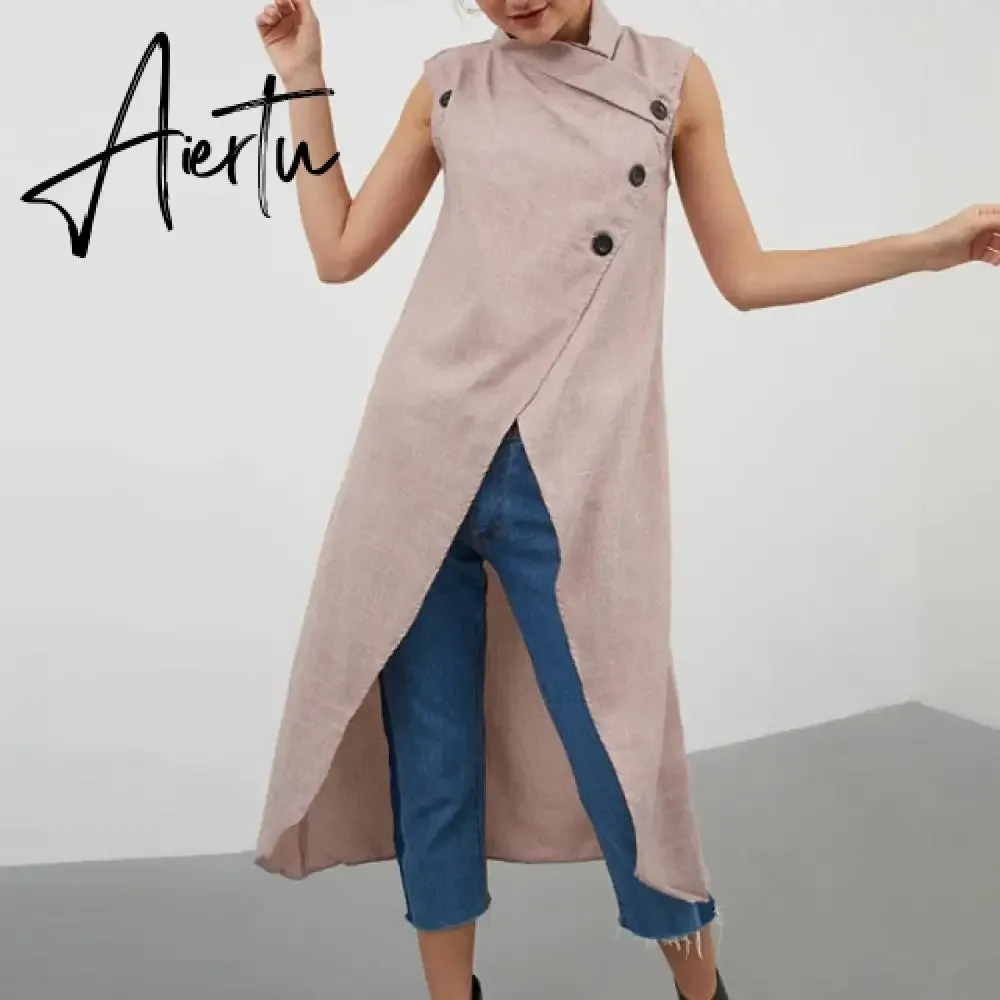 Women Blouses Celmia Asymmetrical Retro Tops Sleeveless Button Down Casual Split Long Shirt Loose Elegant Office Tunics