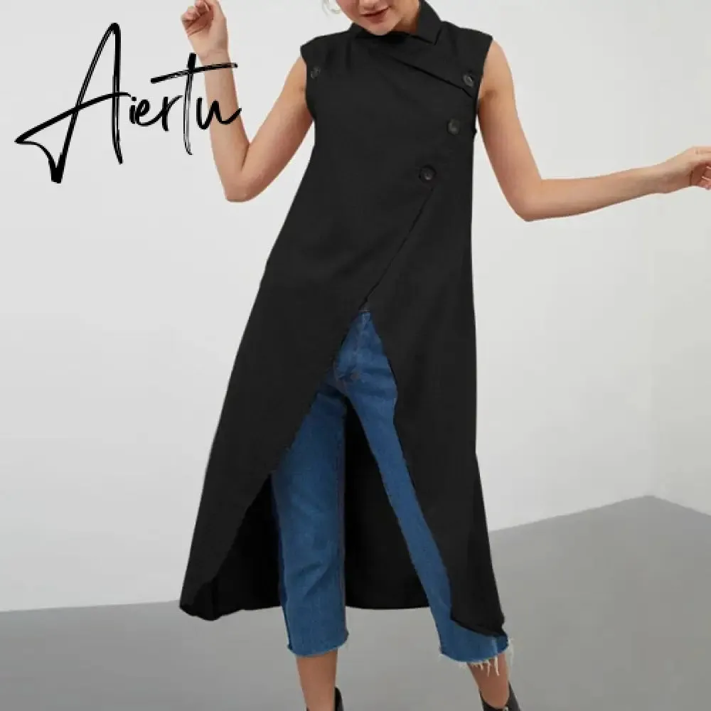 Women Blouses Celmia Asymmetrical Retro Tops Sleeveless Button Down Casual Split Long Shirt Loose Elegant Office Tunics