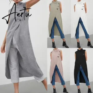 Women Blouses Celmia Asymmetrical Retro Tops Sleeveless Button Down Casual Split Long Shirt Loose Elegant Office Tunics