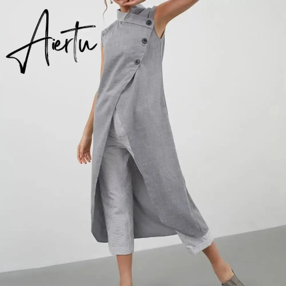 Women Blouses Celmia Asymmetrical Retro Tops Sleeveless Button Down Casual Split Long Shirt Loose Elegant Office Tunics