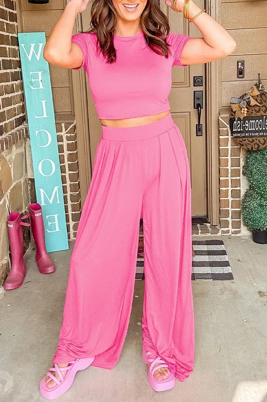 Women Fit Crop Top and Pleated Wide Leg Pants Set  **This item has free shipping.**