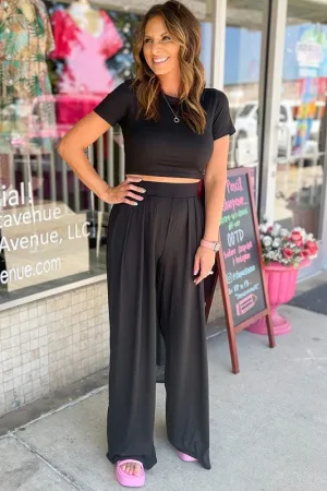 Women Fit Crop Top and Pleated Wide Leg Pants Set  **This item has free shipping.**