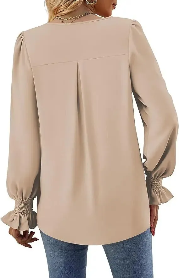 Women's New Solid Color Chiffon Shirt V-neck Pullover Flared Long Sleeved Top Shirt Office Lady Elegant Khaki Loose Blouses