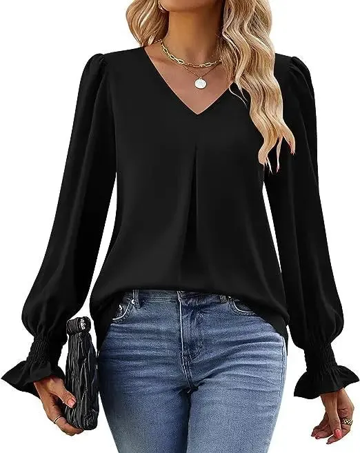 Women's New Solid Color Chiffon Shirt V-neck Pullover Flared Long Sleeved Top Shirt Office Lady Elegant Khaki Loose Blouses
