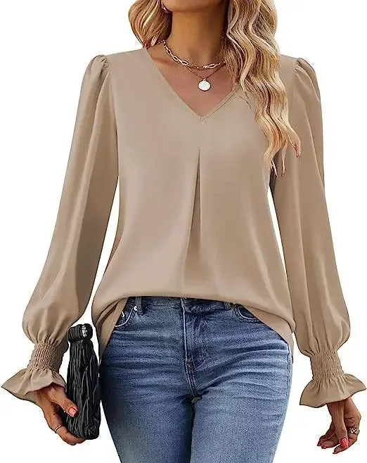 Women's New Solid Color Chiffon Shirt V-neck Pullover Flared Long Sleeved Top Shirt Office Lady Elegant Khaki Loose Blouses