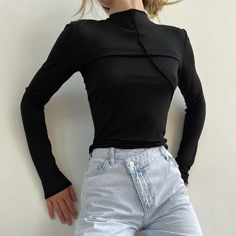 Women's Split Line Long Sleeve Half Turtleneck Tops