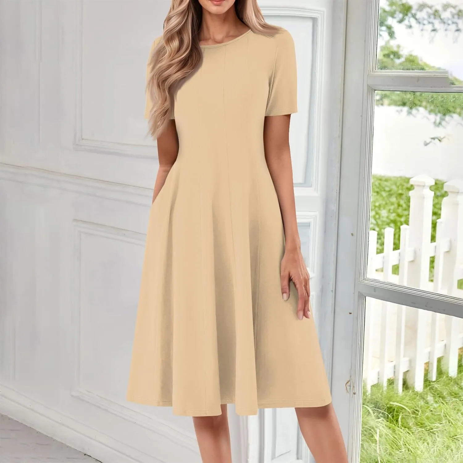 Womens Summer Dresses Summer Aline Floral Midi Dresses Beach Flowy Short Sleeve Dress Casual Tshirt Dress with Pockets