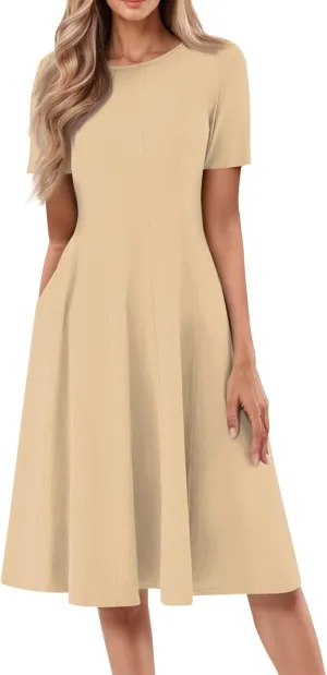 Womens Summer Dresses Summer Aline Floral Midi Dresses Beach Flowy Short Sleeve Dress Casual Tshirt Dress with Pockets