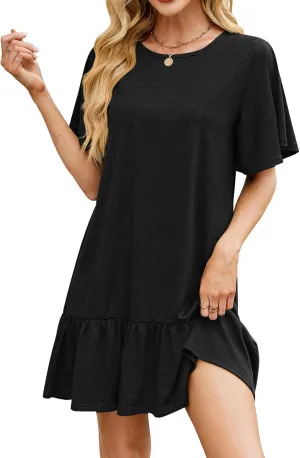 Womens Summer T Shirt Dress Ruffle Hem Casual Short Sleeve Crewneck Dresses Loose Fit Vacation Mini Dresses
